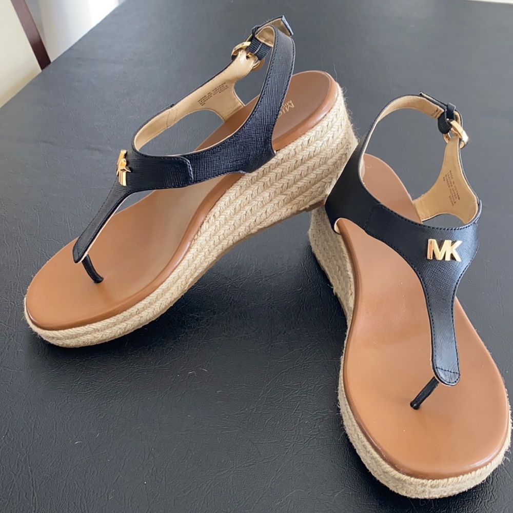 Women's Michael Kors Laney Black Leather Espadrille Thong Wedge Size 8